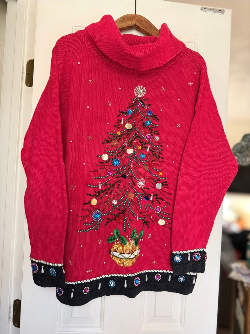 Vintage BP Designs Red Novelty Christmas Tree Turtleneck Sweater. Ramie/Cotton L
